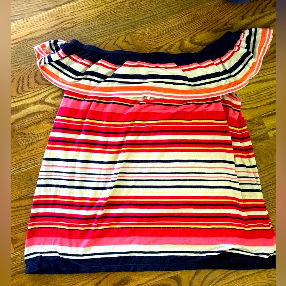 Max Studio Women's Multi-Striped Off-The-Shoulders Ruffle Overlay Top